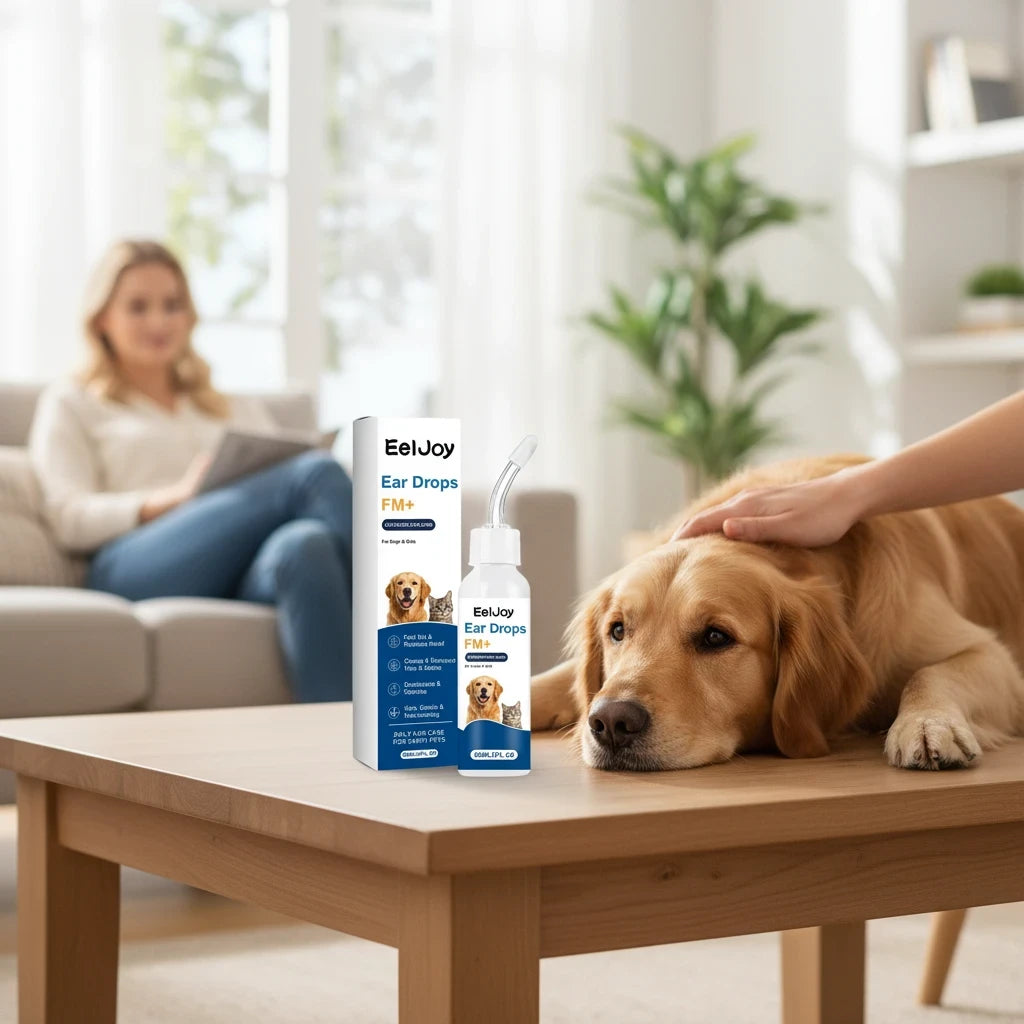 RBT Concept Store EelJoy pet ear care drops bottle and box on a wooden table next to a golden retriever being petted