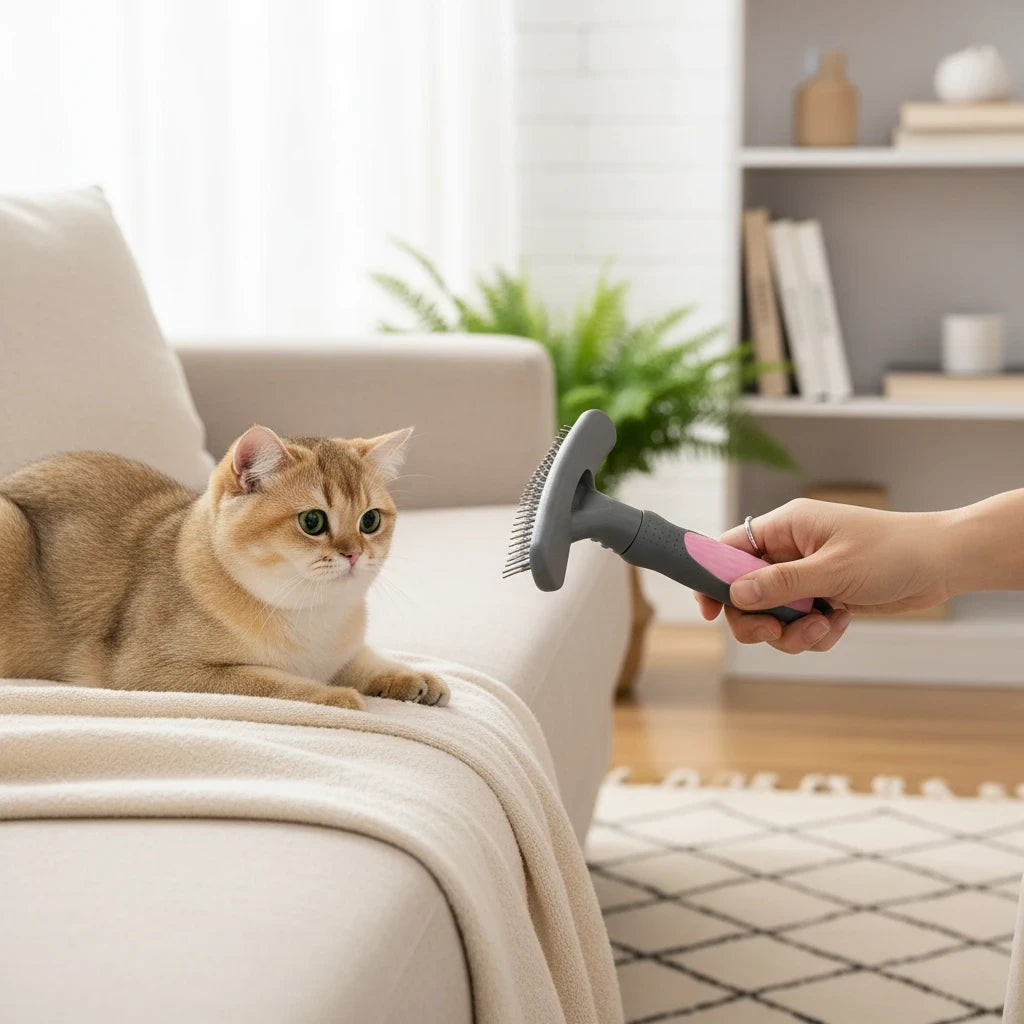 RBT Concept Store pink and grey pet grooming comb being used to brush a golden cat on a beige sofa
