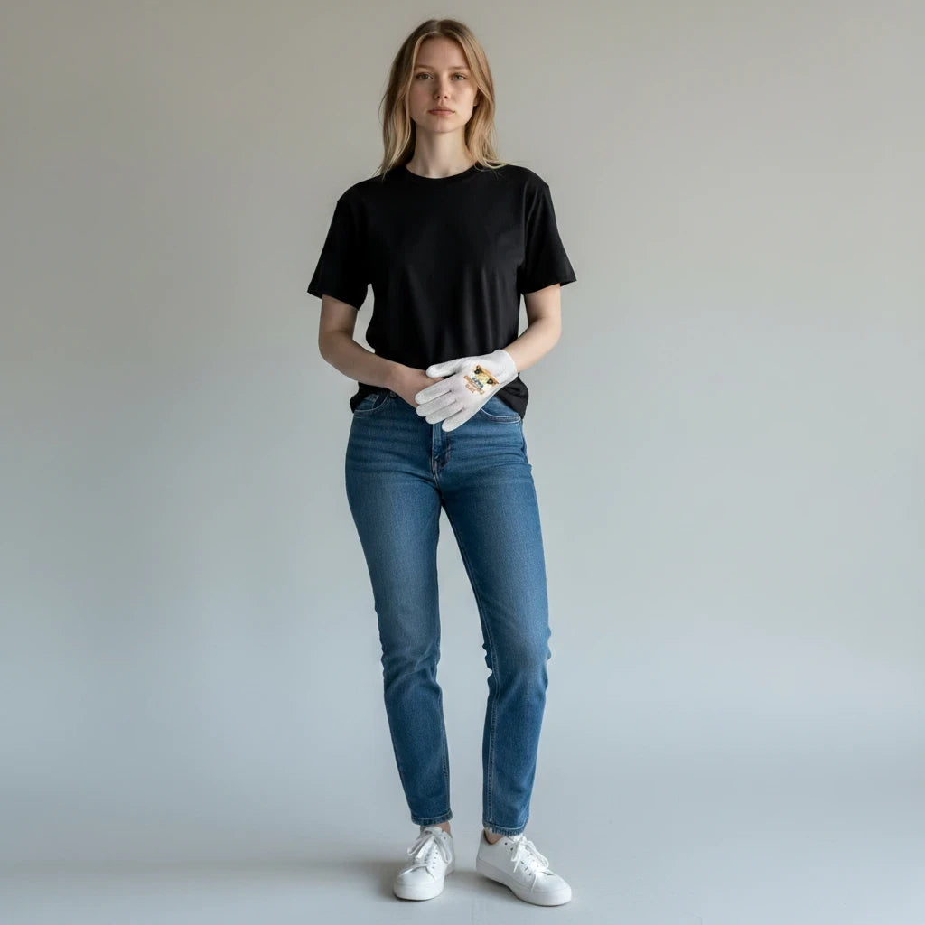 RBT Concept Store pet grooming glove worn by a woman in a black t-shirt and blue jeans against a grey background