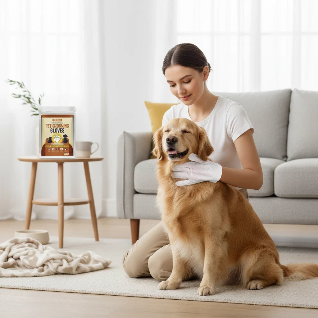 RBT Concept Store pet grooming gloves being used by a woman to gently brush a golden retriever dog in a living room.
