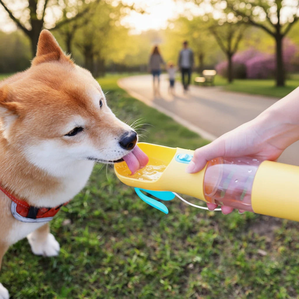 RBT Concept Store portable yellow pet water bottle being used by a Shiba Inu dog in a park