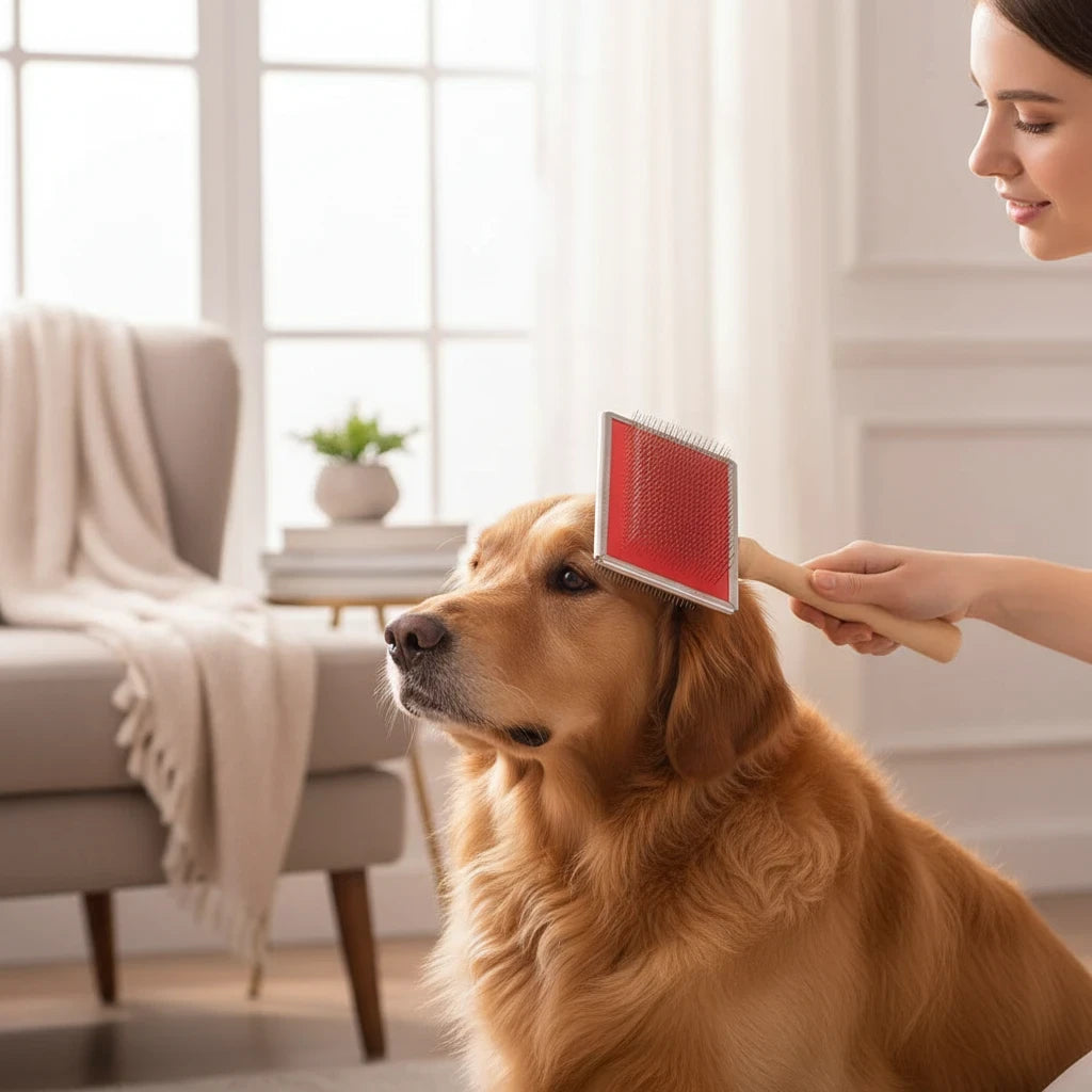 RBT Concept Store stainless steel pet grooming comb with wooden handle being used on a golden retriever by a woman