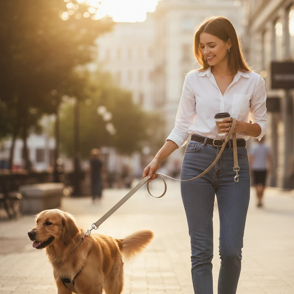 RBT Concept Store woman walking a golden retriever with a waterproof beige PVC multifunctional dog leash outdoors